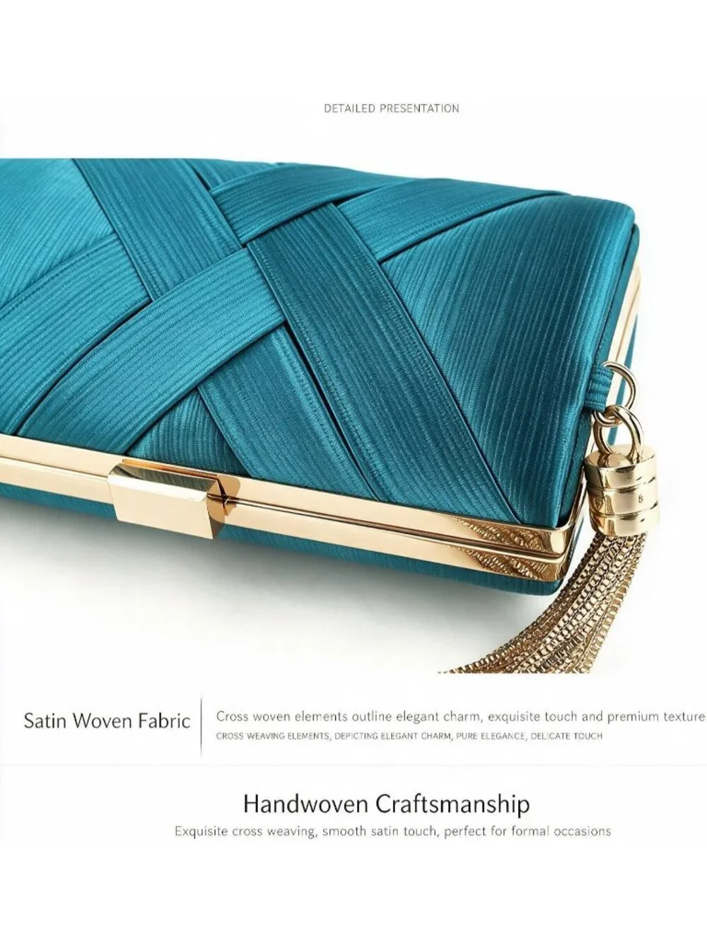 Women's Lake Blue Silk Satin Clutch Purse Pearl Tassel With Chain Evening Bag